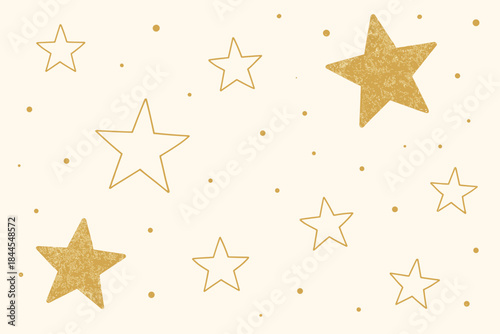 Seamless background on a light cream (almost white) background with scattered gold stars of various sizes and styles. Made in a soft hand-drawn style.
