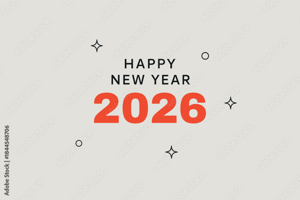 Fototapeta premium Holiday Background. Background with large bright red lettering “2026 HAPPY NEW YEAR.” Small decorative elements scattered around the text.
