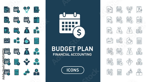 Financial accounting budget plan icons sleek solid vector graphics for business and planning