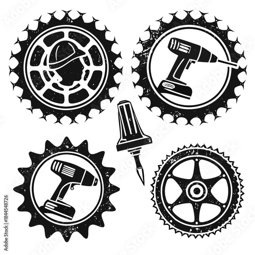 Set of 5 grunge style black stamp textures with tools and gear