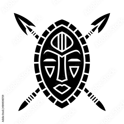 black silhouette tribal mask with crossed spears african ethnic cultural symbol vector