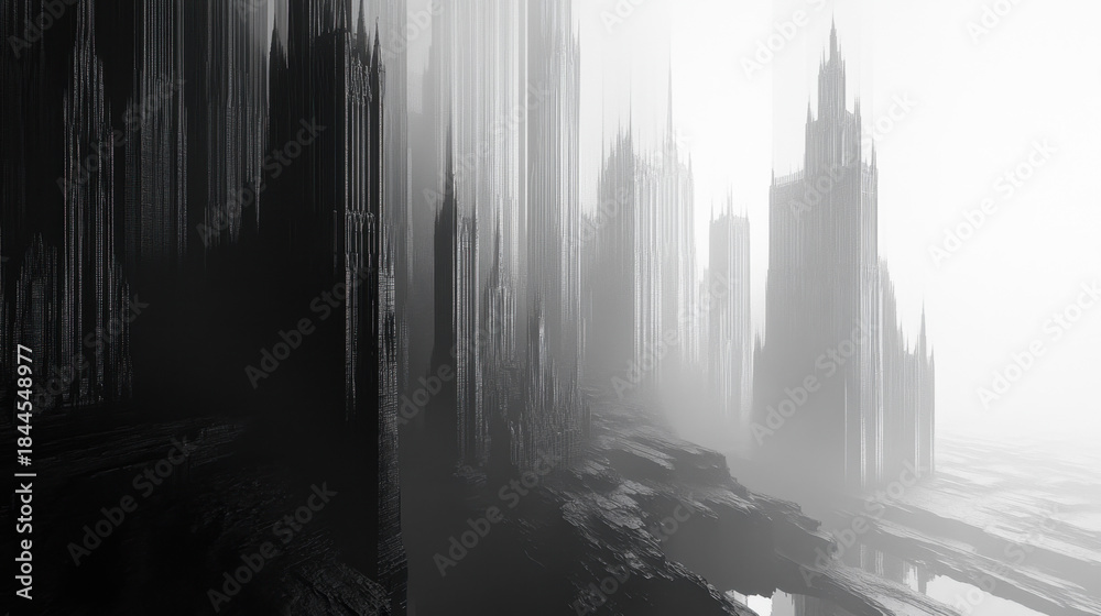 Fototapeta premium Mysterious Foggy Landscape with Abstract Cityscape in Shadows