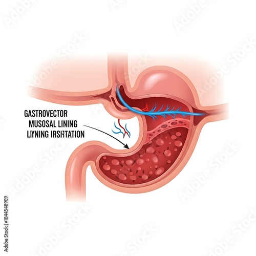 Medical illustration of a stomach with gastrovector mucosal lining and lining irritation