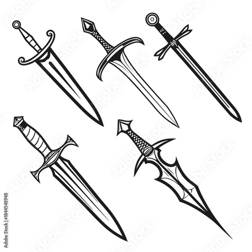 Set of 6 fantasy sword silhouettes on white background 1