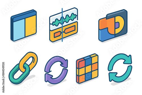 Pixel Art Icons Representing Web Browser Audio Visualizer CD ROM Link Symbol and Refresh Arrows on Black Background Simple Flat Design