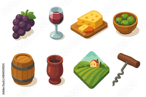 Pixel Art Icons Representing Wine Production And Consumption Including Grapes Cheese Olives Barrel Wine Glass Wine Cup Vineyard Landscape And Corkscrew