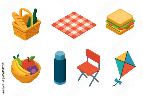 Pixel Art Picnic Essentials Featuring Basket Blanket Sandwich Fruit Thermos Chair and Kite on Black Background Isometric Style
