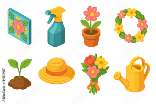 Pixel Art Isometric Garden Icons Featuring Flowers Watering Can Spray Bottle Sprout Hat Bouquet Wreath and Decorative Tile