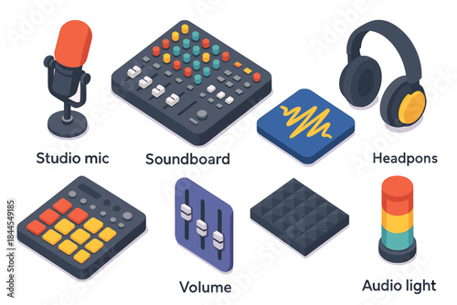 Set of Audio Production Equipment Including Studio Microphone Soundboard Headphones Volume Mixer and Audio Light in Isometric Style Against Black Background