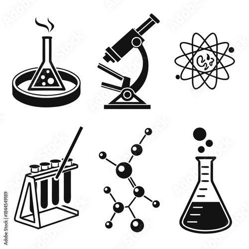 Set of 7 black science laboratory icons flask