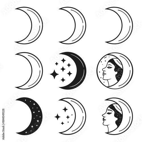 Set of 7 moon phase icons with stars and female face