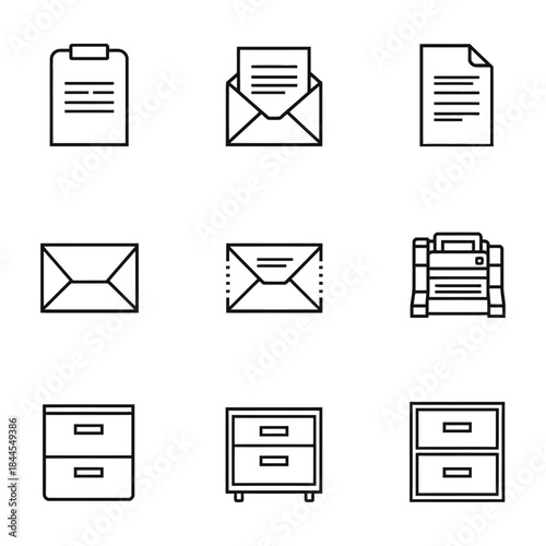 Set of Office Icons Including Envelopes, Documents, and Filing Cabinets