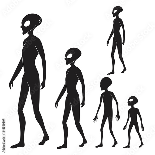 Set of 8 black alien silhouettes on white background