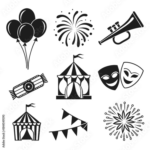Set of 8 black festival icons on white background celebration 1