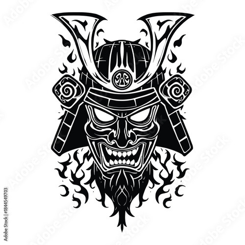 Intricate Samurai Mask Illustration with Tribal Flame Design