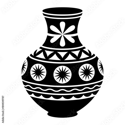 black silhouette decorative tribal pottery vase with ethnic geometric pattern vector