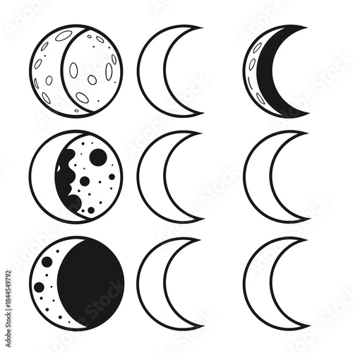 Set of 9 Moon Phase Icons Black and White phases of the moon