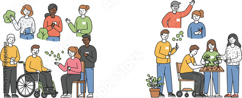 Inclusive gardening illustration, community plant care character graphic, therapeutic activity artwork, cheerful seasonal design, cartoon environmental visual