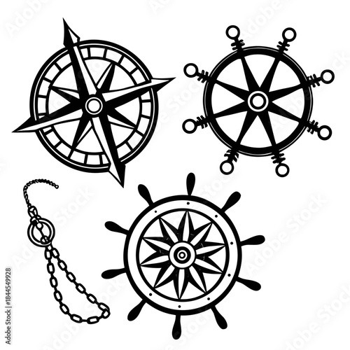 Set of black nautical symbols compass rose ship wheels and chain