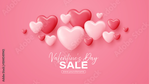 Romantic Valentine's Day design featuring floating pink heart-shaped balloons in 3D style, ideal for love celebration banners, greeting templates, or February 14 party decorations