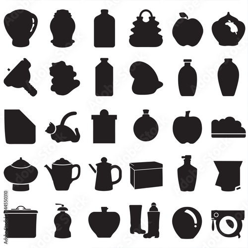 Black and white vector icon set of hats and everyday fashion and kitchen symbols