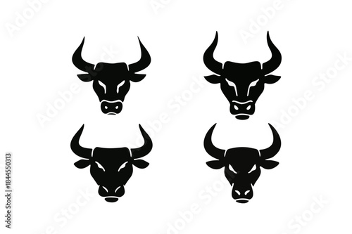 Bull Head Silhouette Vector Icon Set, Buffalo and Cow Skull Logo Illustration Isolated