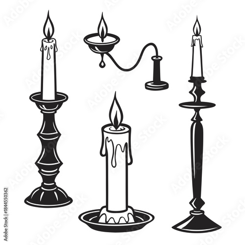 Set of five black and white candle silhouettes candlestick