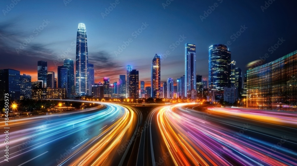 Fototapeta premium Vibrant Urban Nightscape with City Lights and Motion Trails
