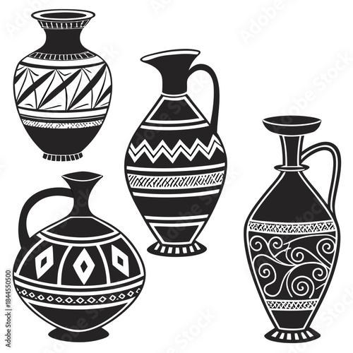 Set of five black and white tribal pottery silhouettes