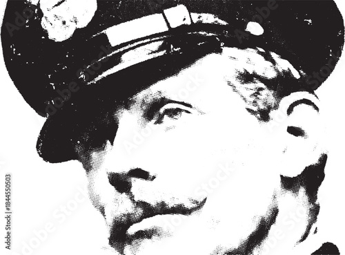 Police officer portrait in classic black and white style. This vector illustration features a male figure in uniform, capturing authority in a vintage set.