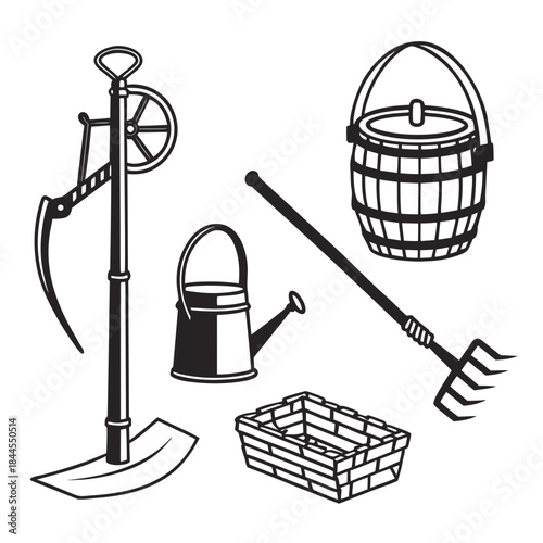 Set of five black and white village farming tools agriculture