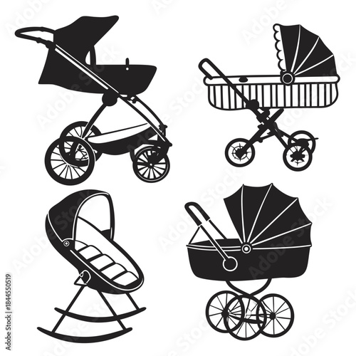 Set of five black baby stroller and cradle silhouettes 1