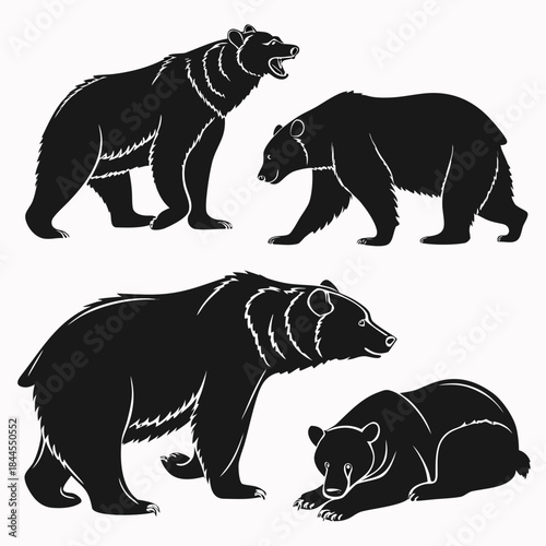 Set of five black bear silhouettes in various poses
