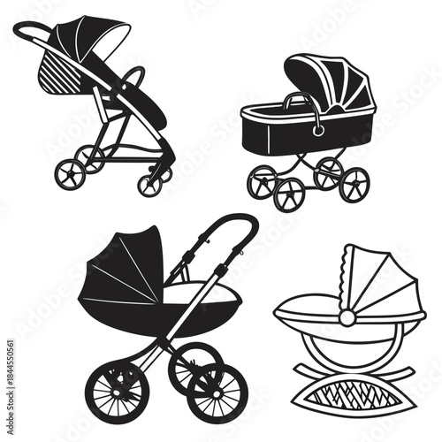 Set of five black baby stroller and cradle silhouettes