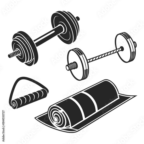 Set of five black gym equipment silhouettes dumbbell