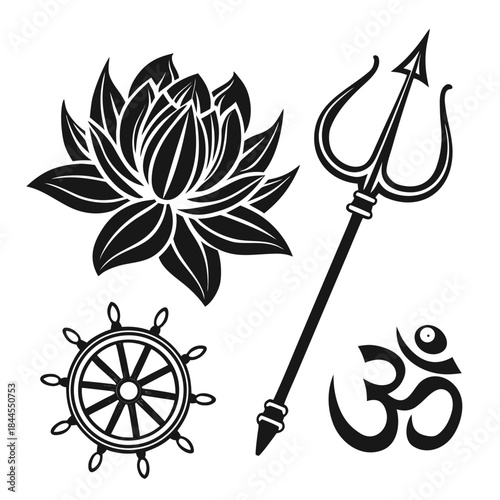 Set of five black Hindu religious symbols on white