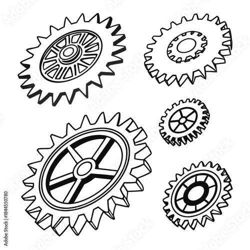 Set of Five Black Outline Gears on White Background