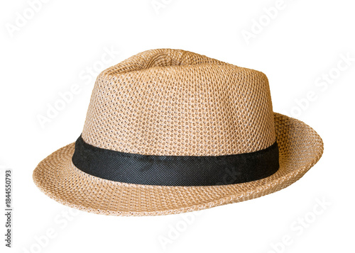 Classic woven fiber summer hat with black ribbon isolated on a white background