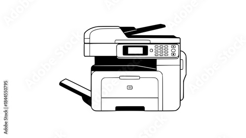 Multifunction printer scanner copier, flat vector illustration, modern office equipment, minimalistic style, isolated, clean lines, professional look