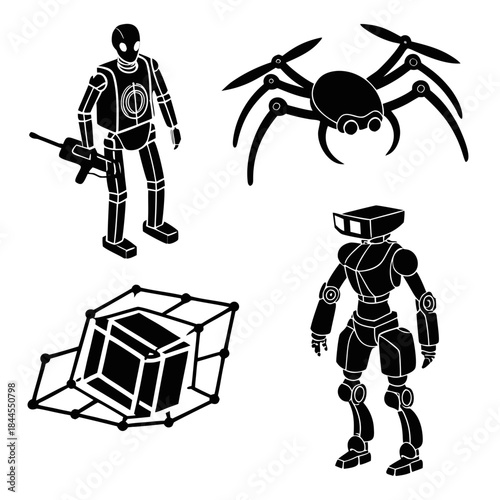 Set of five black robot silhouettes and drone humanoid