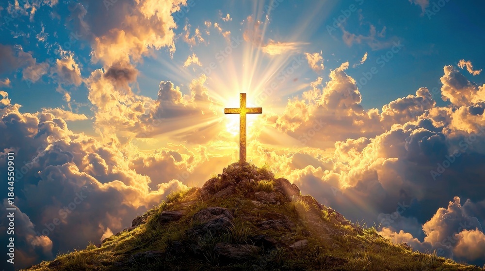 Fototapeta premium Sunrise Over Cross on Mountain with Dramatic Cloudy Sky