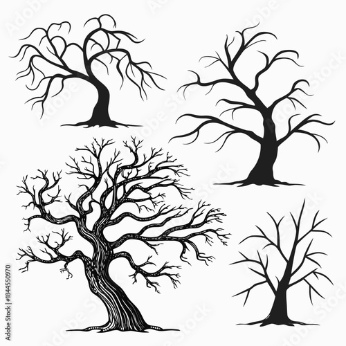 Set of five black spooky tree silhouettes on white background