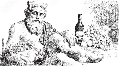 God of wine surrounded by grapes and a bottle. Classical vector illustration featuring detailed artwork in a still life set.