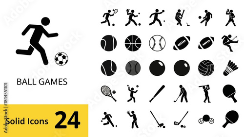 Sleek Solid Glyph Icon Collection of Diverse Ball Games and Athletic Sports. Modern Vector Silhouettes for Digital Design, Websites, and Mobile Applications