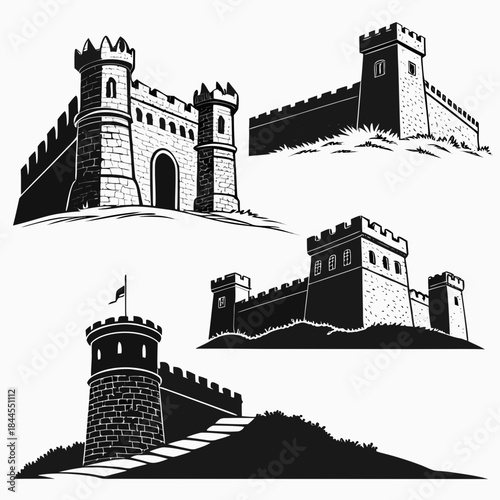 Set of five medieval castle wall and gate silhouettes