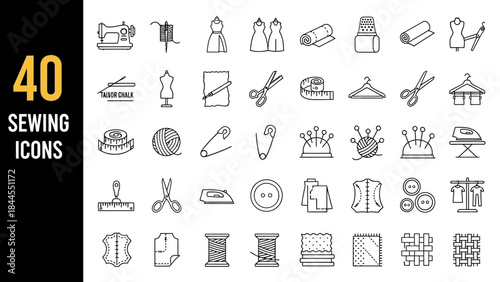 40 sleek outline vector icons featuring essential sewing and tailoring tools, equipment, and supplies for craft, fashion design, and textile projects