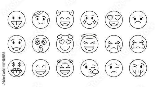 Sleek Outline Emoticon Set for Digital Communication and Emotional Expression – Diverse Collection of Line Art Emoji Icons Representing Various Feelings with Modern Minimalist Style