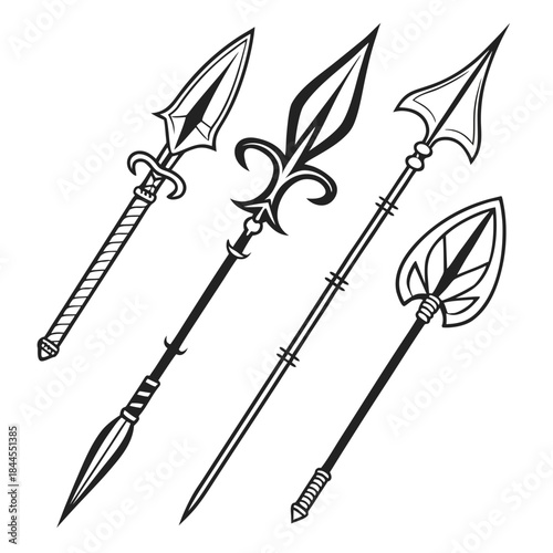 Set of five tribal spear tips and arrowheads weapon