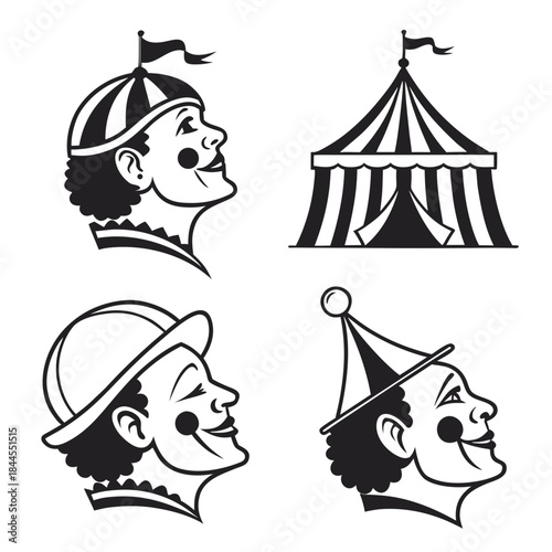 Set of four black and white circus tent and clown face silhouettes