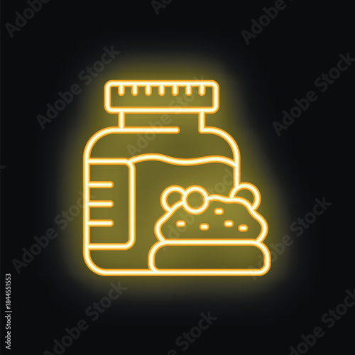 Yellow neon icon of a jar with protein powder or sport nutrition on a black background, representing a healthy lifestyle